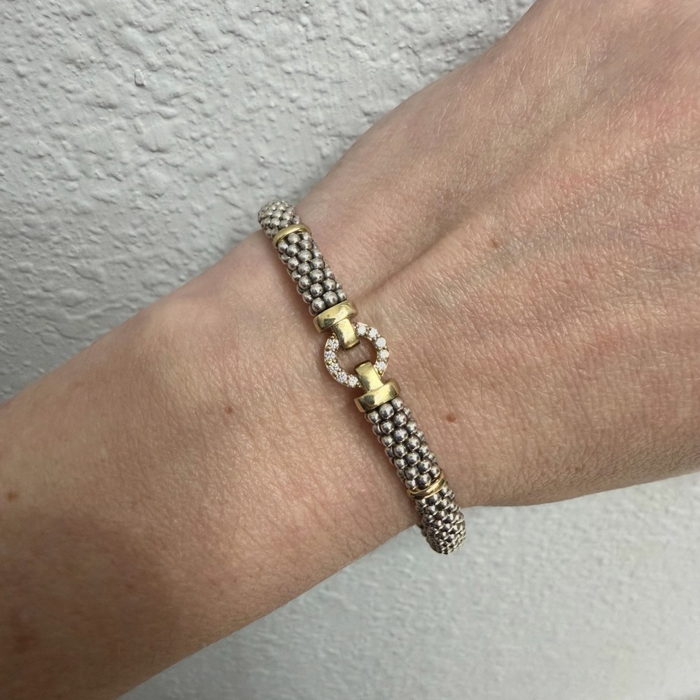 Lagos Sterling Silver and 18k gold diamond Caviar bracelet. Size M